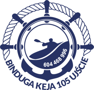 Logo Bindugi - koło sterowe, a w środku kajakarz